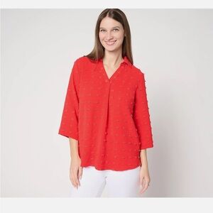 Denim & Co. Textured 3/4 Sleeve Collared Popover Top-Aura Orange-2X-NEW-A692769